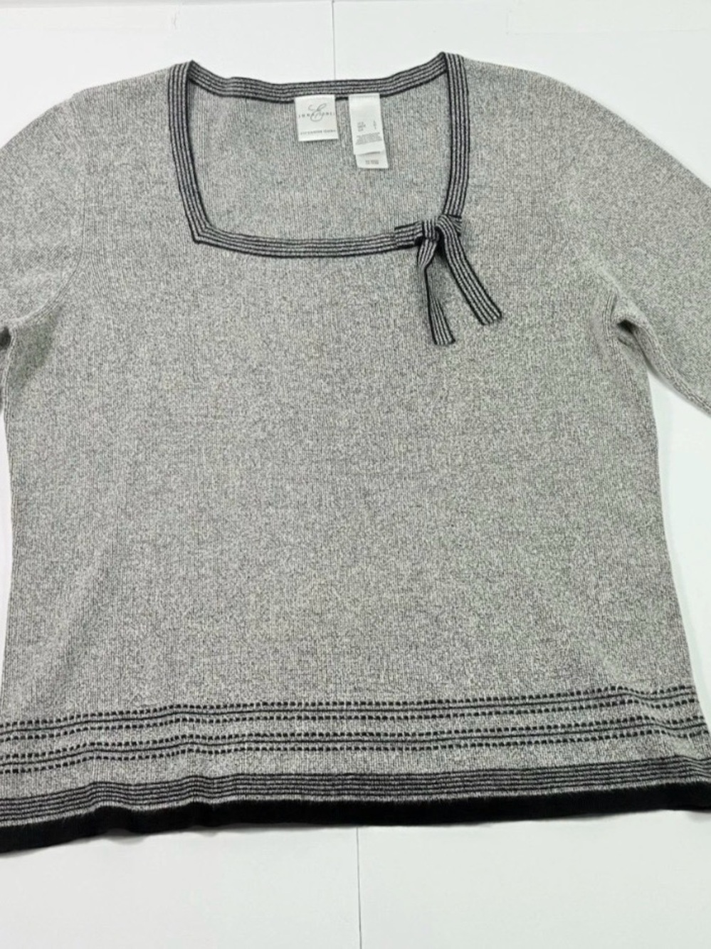 Emma James Gray Knit Square-Neck Sweater with Black Trim and Side Bow